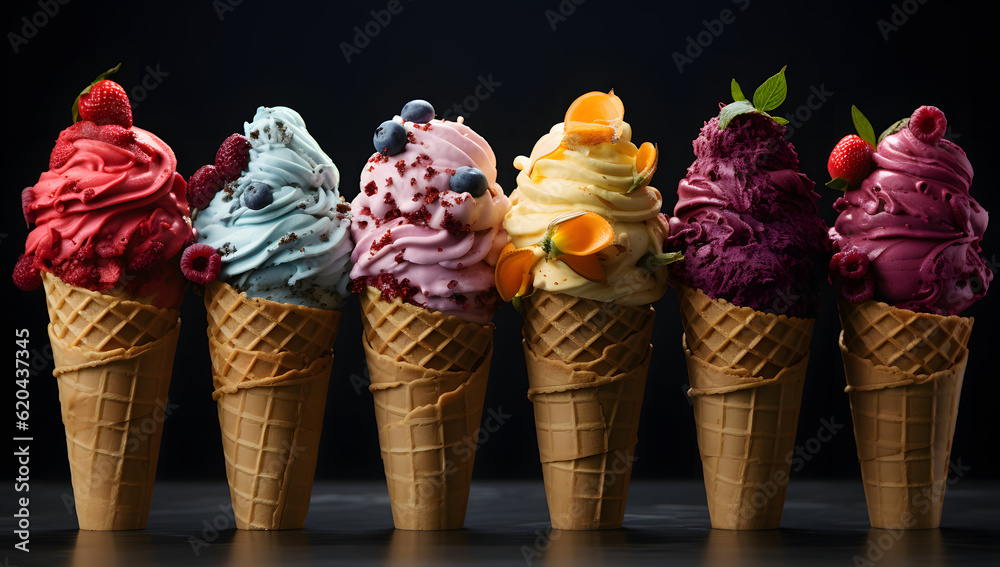 Assorted ice cream cones on dark background. Delicious and fresh desserts. (AI generative)