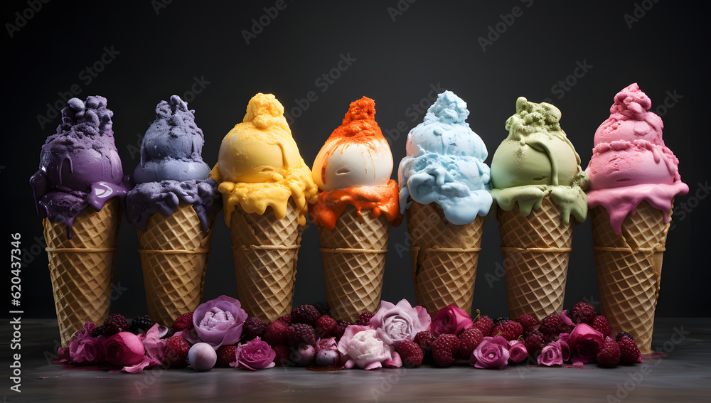 Assorted ice cream cones on dark background. Delicious and fresh desserts. (AI generative)