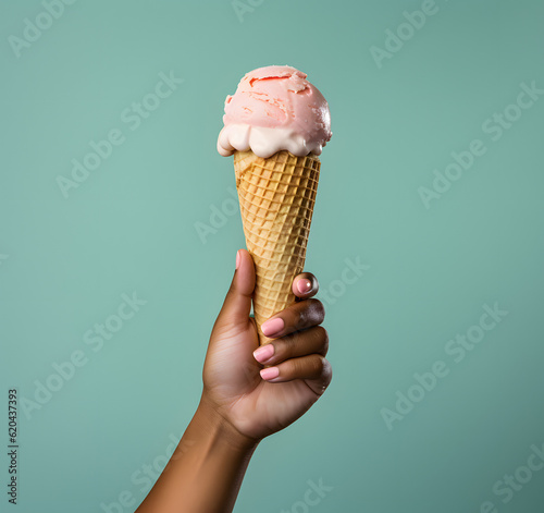 Hand holding ice cream cone on mint green background. Delicious and fresh desserts. (AI generative)