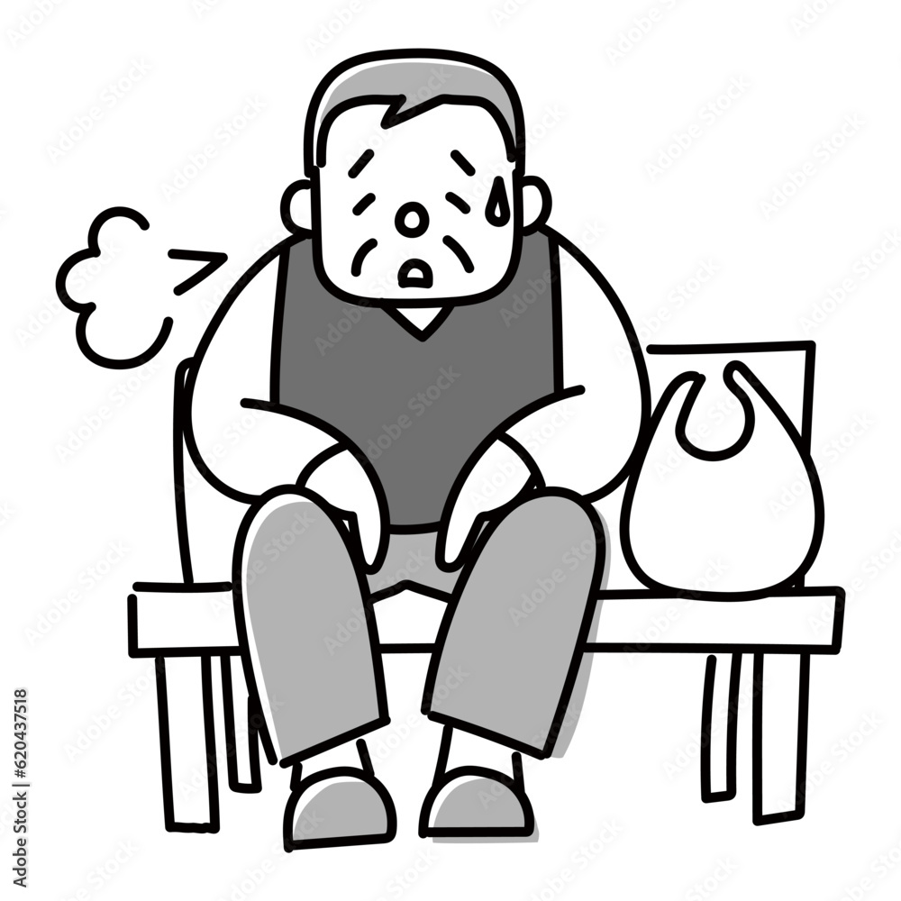 買物の途中で疲れてベンチで休む高齢男性のモノクロイラスト 買物の途中で疲れてベンチで休む高齢男性のモノクロイラスト