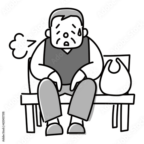 買物の途中で疲れてベンチで休む高齢男性のモノクロイラスト