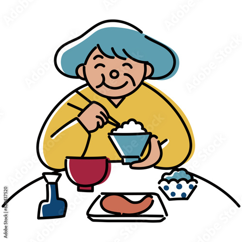 笑顔で食事をする高齢女性のイラスト