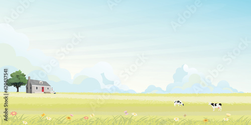 Country house with man and woman in grass field have blue sky background. Countryside life concept vector illustration.