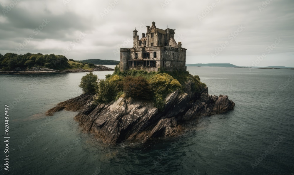 A forgotten old castle loomed over the deserted island Creating using generative AI tools