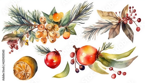 Watercolor christmas decoration blank space on isolated white background