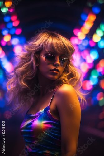 A fashion portrait of a beautiful young woman wearing bright clothes with neon florescent neon lighting. Party girl. Generative AI.