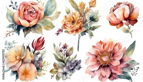 Watercolor floral bouquets, for invitation cards, wedding invitations, fashion backgrounds, DIY textures, greeting cards, wallpaper designs, wedding stationary sets, DIY wrappers © gfx_nazim