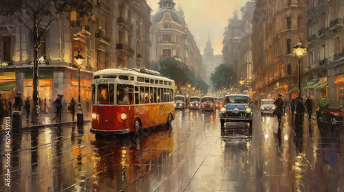 Madrid's Gran Via in a rainy weather in the evening. Original oil painting on canvas. (ai generated)