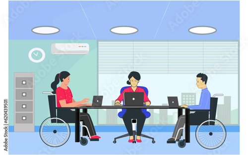 Young disabled boy and girl in the wheelchair are working in the laptops with boss at office. Vector illustration.