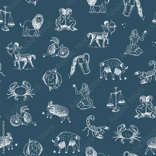 Zodiac signs vector seamless pattern.