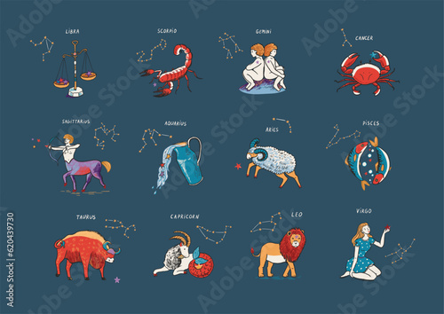 Zodiac signs vector seamless pattern.