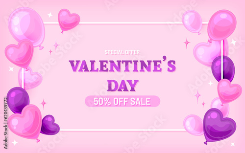 Valentine day sale balloon heart frame banner flat. Special offer holiday price flyer signboard cartoon style purple pink soft cute background love banner web poster brochure ads greeting card