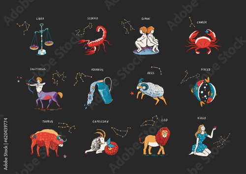 Zodiac signs vector illustrations set.