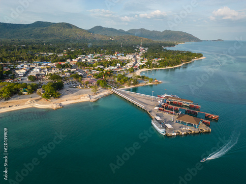 Ko Pha Ngan, Thailand: Aerial panorama of the Thong Sala ferry harbor and town in the Ko Phangan island in the gulf of Thailand.