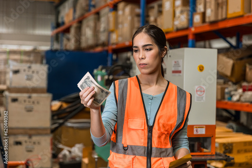 Warehouse factory engineer woman worker receive low cut salary decrease serious boring feel bad after see her unfair cash money wage income