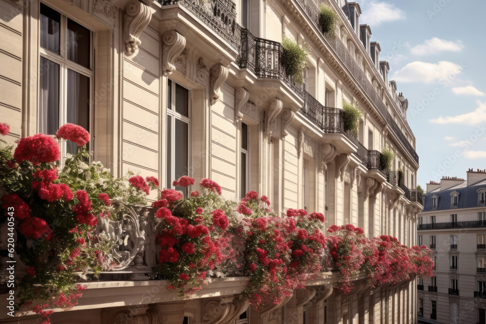 Vue d'une rue depuis un immeuble parisien, de type Haussmannien avec un balcon fleuris de géraniums rouges