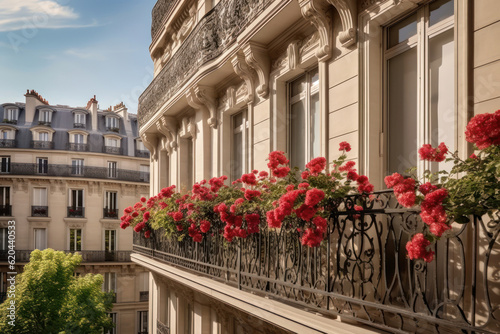 Vue d'une rue depuis un immeuble parisien, de type Haussmannien avec un balcon fleuris de géraniums rouges