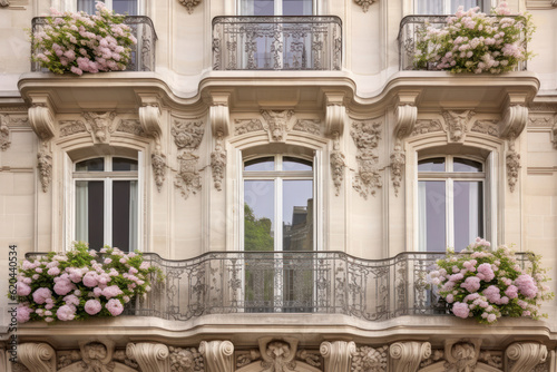 Façade d'un immeuble parisien, de type Haussmannien avec des balcons fleuris de géraniums et des buis