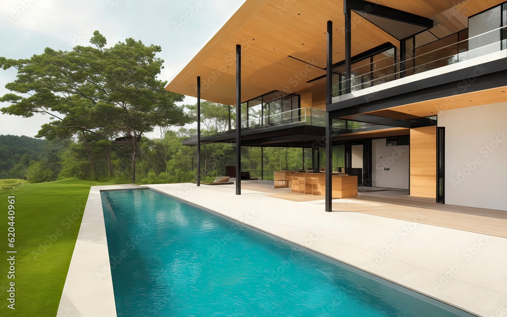 Modern house exterior design, private swimming pool next to nature ...