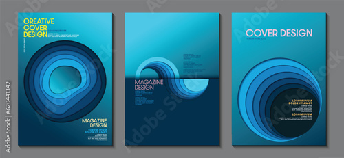 Posters design template with paper waves. Blue tone. Ideas for magazine covers, brochures and posters. Vector illustration.