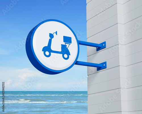 Motorcycle icon on hanging blue rounded signboard over tropical sea and sky, Business delivery service concept, 3D rendering