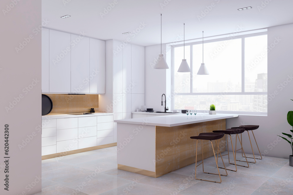 Perspective view of spacious empty modern kitchen interior with ceramic tiles floor and white walls. 3D Rendering