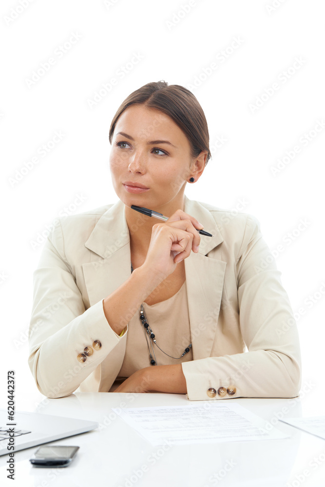 Business woman, thinking with ideas and notes, writing and paperwork for proposal isolated on transparent png background. Mindset, future and brainstorming with female professional planning at desk Business woman, thinking with ideas and notes, writing and paperwork for proposal isolated on transparent png background. Mindset, future and brainstorming with female professional planning at desk