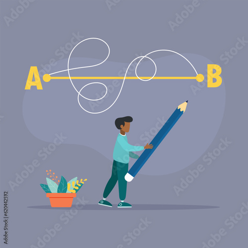 Man with a pencil in his hand leads a drawing line from point A to point B, a straight and difficult path, the shortest distance to the goal, an easy or short path to business success.