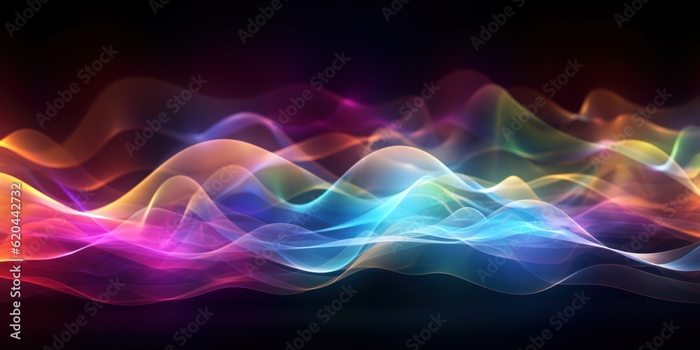 Visualization of sound waves. Abstract futuristic background with colorful glowing neon moving high speed wave lines and bokeh lights. Data transfer concept. Fantastic wallpaper. Generative AI Visualization of sound waves. Abstract futuristic background with colorful glowing neon moving high speed wave lines and bokeh lights. Data transfer concept. Fantastic wallpaper. Generative AI