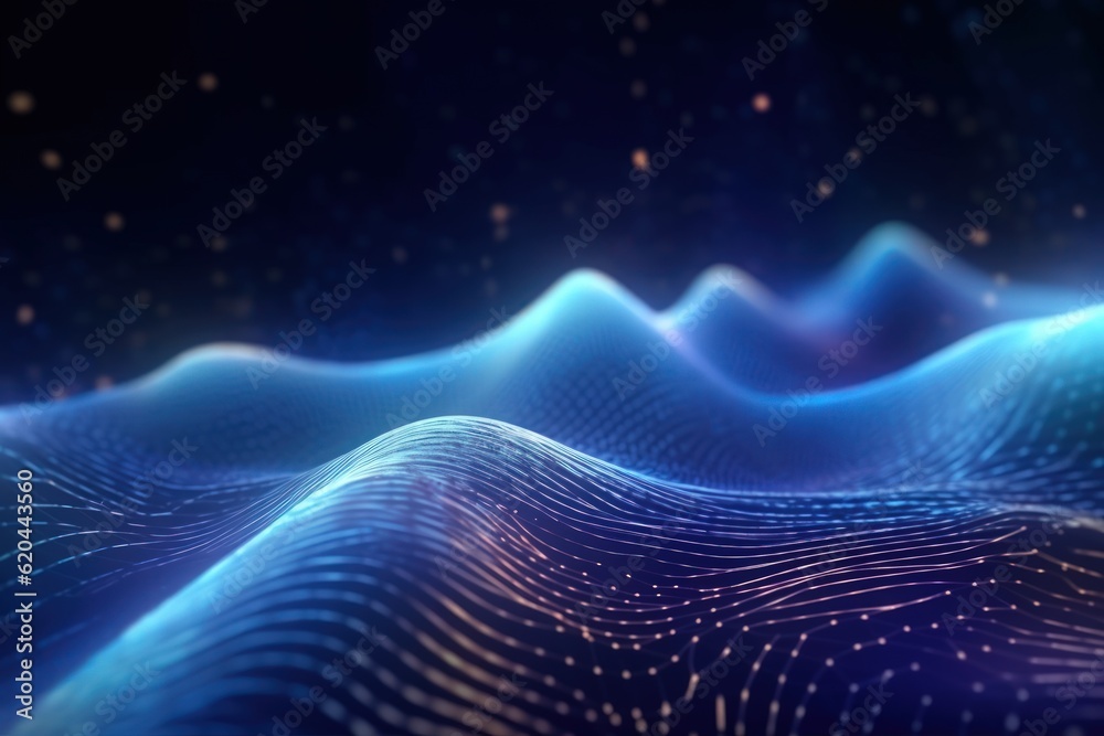 Visualization of sound waves. Abstract futuristic background with colorful glowing neon moving high speed wave lines and bokeh lights. Data transfer concept. Fantastic wallpaper. Generative AI Visualization of sound waves. Abstract futuristic background with colorful glowing neon moving high speed wave lines and bokeh lights. Data transfer concept. Fantastic wallpaper. Generative AI