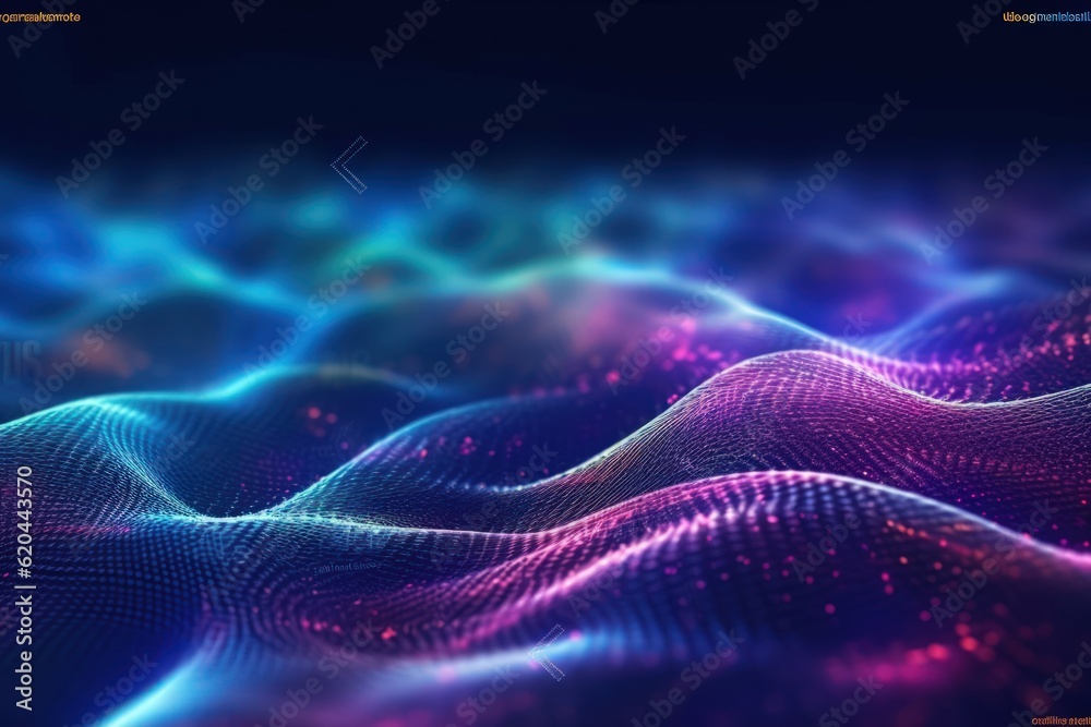 Visualization of sound waves. Abstract futuristic background with colorful glowing neon moving high speed wave lines and bokeh lights. Data transfer concept. Fantastic wallpaper. Generative AI Visualization of sound waves. Abstract futuristic background with colorful glowing neon moving high speed wave lines and bokeh lights. Data transfer concept. Fantastic wallpaper. Generative AI