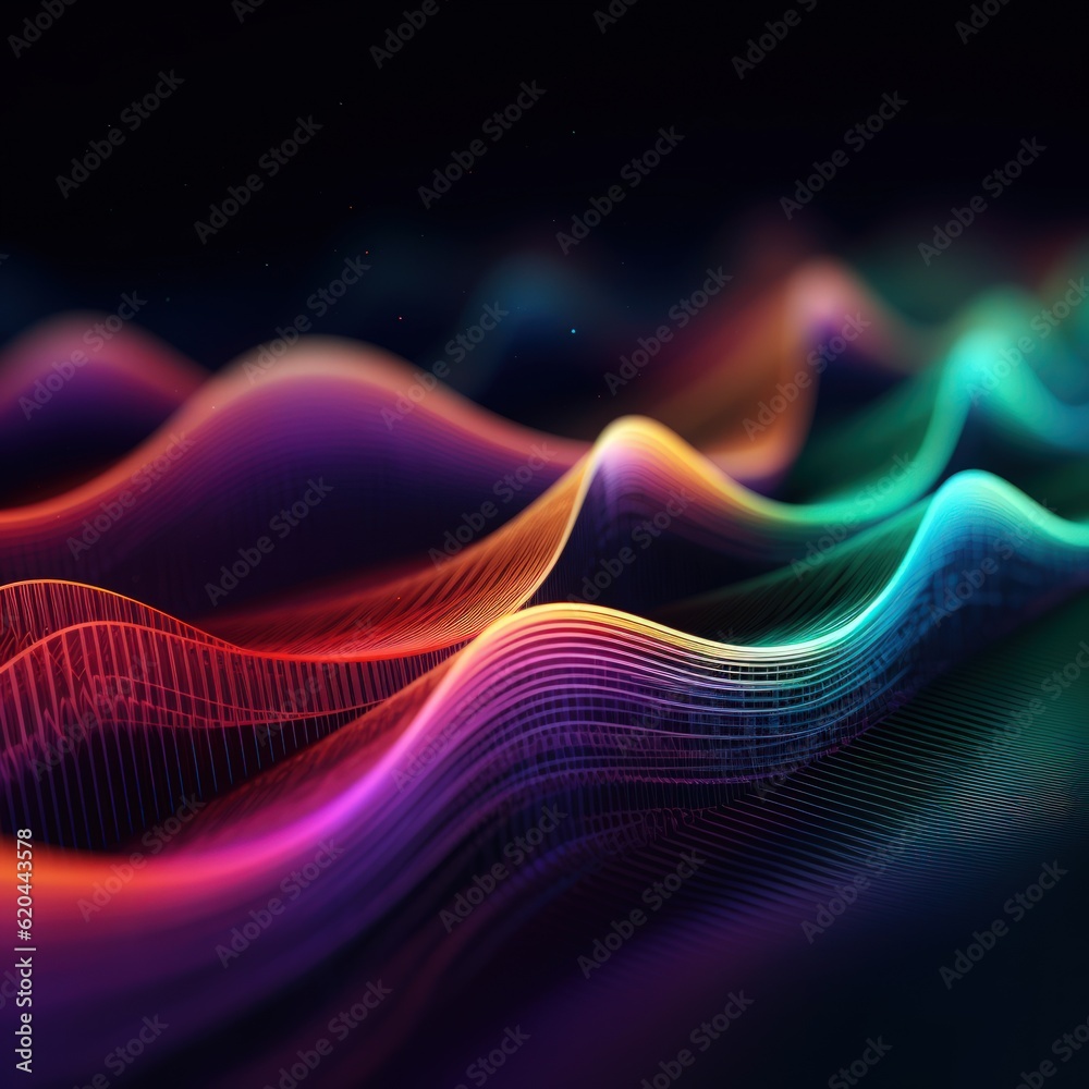 Visualization of sound waves. Abstract futuristic background with colorful glowing neon moving high speed wave lines and bokeh lights. Data transfer concept. Fantastic wallpaper. Generative AI Visualization of sound waves. Abstract futuristic background with colorful glowing neon moving high speed wave lines and bokeh lights. Data transfer concept. Fantastic wallpaper. Generative AI
