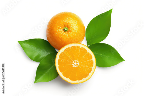3d illustration of orange with cut in half and green leaves isolated on white background.  ai generated 