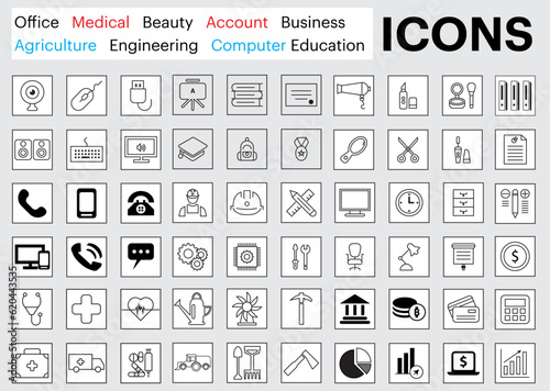 icons set. office, medical, accounting, business, computer, education, sports, agriculture, engineering, beauty all icons set.