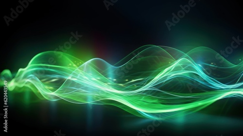 Visualization of sound waves. Abstract futuristic background with colorful glowing neon moving high speed wave lines and bokeh lights. Data transfer concept. Fantastic wallpaper. Generative AI