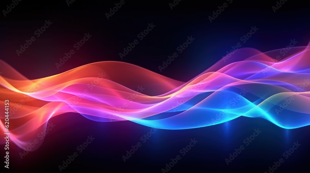 Visualization of sound waves. Abstract futuristic background with colorful glowing neon moving high speed wave lines and bokeh lights. Data transfer concept. Fantastic wallpaper. Generative AI