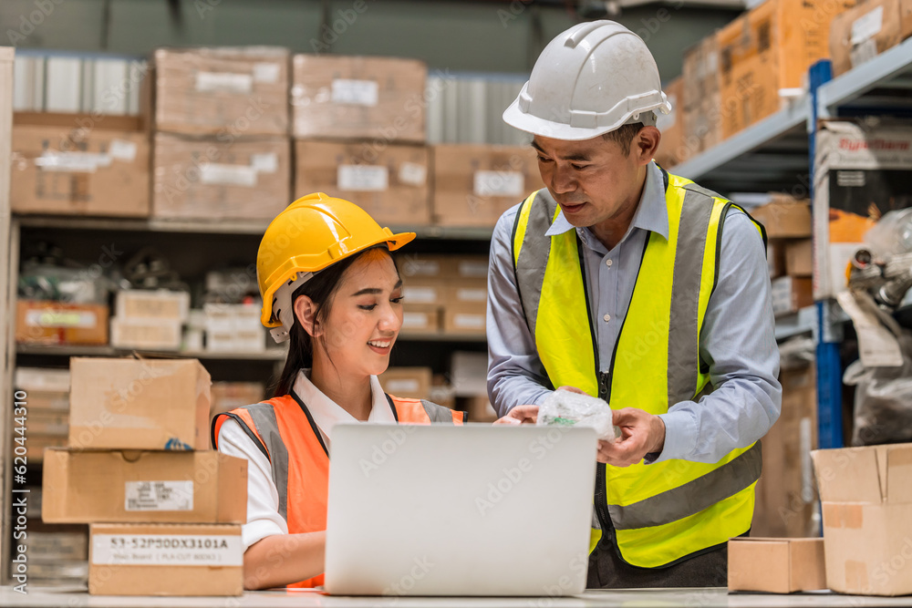 senior engineer manager supervisor working with young woman engineer staff worker in factory hardware parts store inventory room