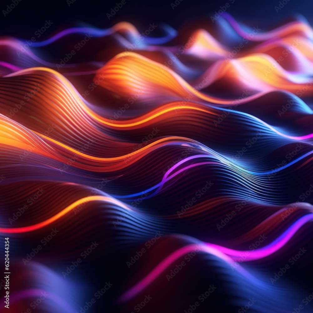 Visualization of sound waves. Abstract futuristic background with colorful glowing neon moving high speed wave lines and bokeh lights. Data transfer concept. Fantastic wallpaper. Generative AI Visualization of sound waves. Abstract futuristic background with colorful glowing neon moving high speed wave lines and bokeh lights. Data transfer concept. Fantastic wallpaper. Generative AI