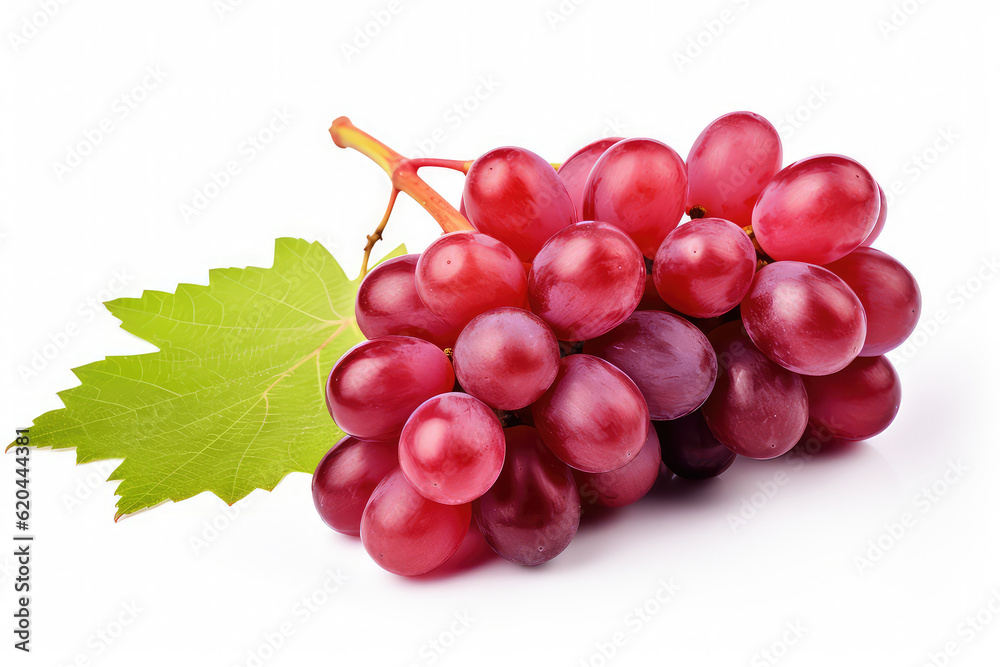Fototapeta premium Red grape with leaves isolated on white background. (ai generated)