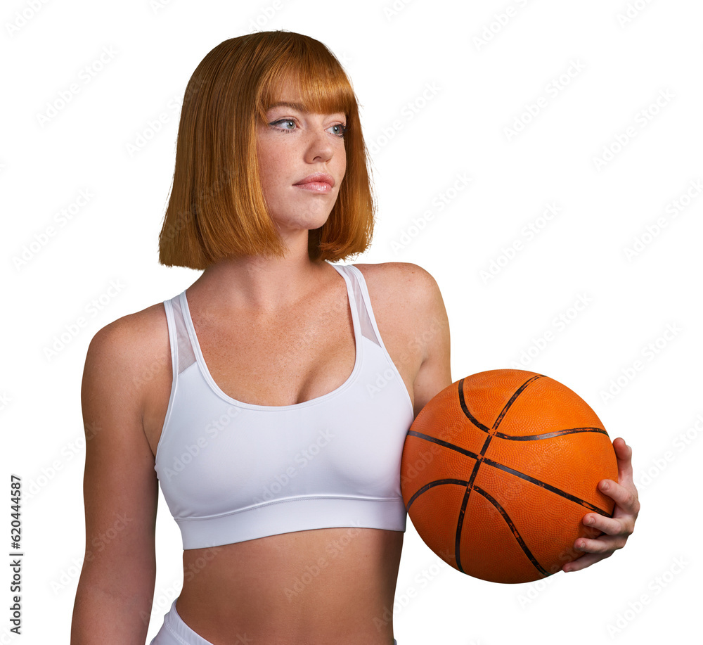 Basketball, woman and thinking of sports, exercise and competition isolated on transparent png background. Confident athlete, female person and player focus on fitness, games and training with ball Basketball, woman and thinking of sports, exercise and competition isolated on transparent png background. Confident athlete, female person and player focus on fitness, games and training with ball