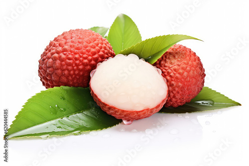 Juicy Lychee with cut in half and leaves isolated on white background. (ai generated)