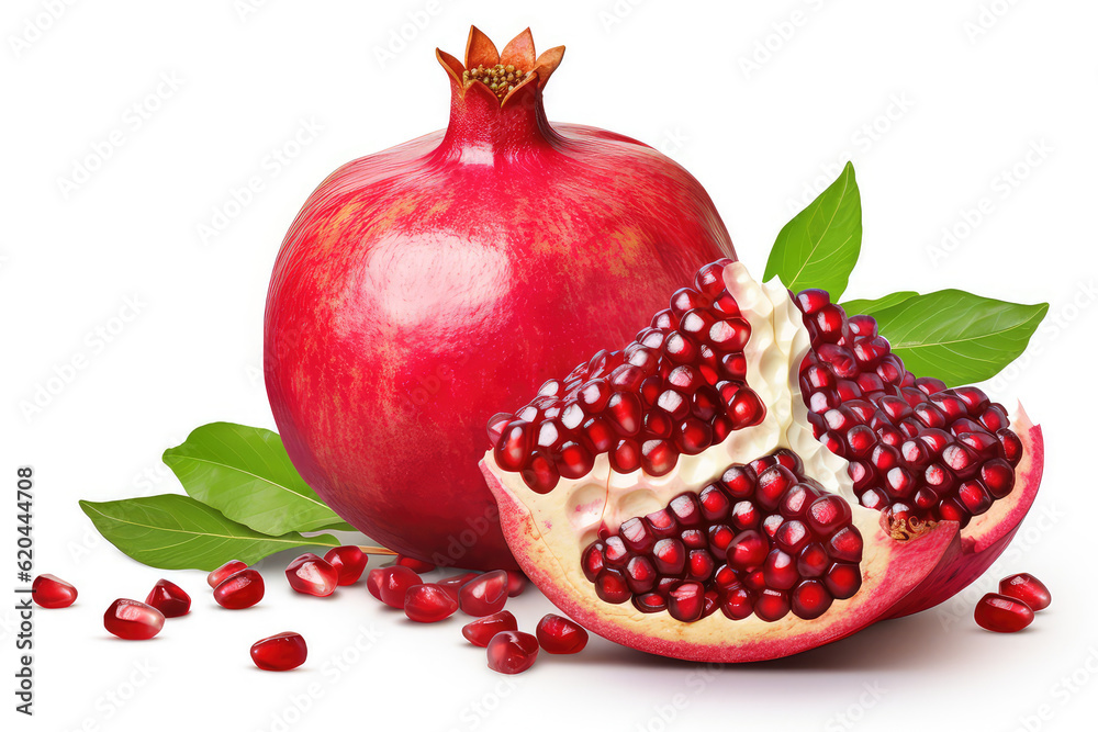 Pomegranate with cut in half isolated on white background. (ai generated)