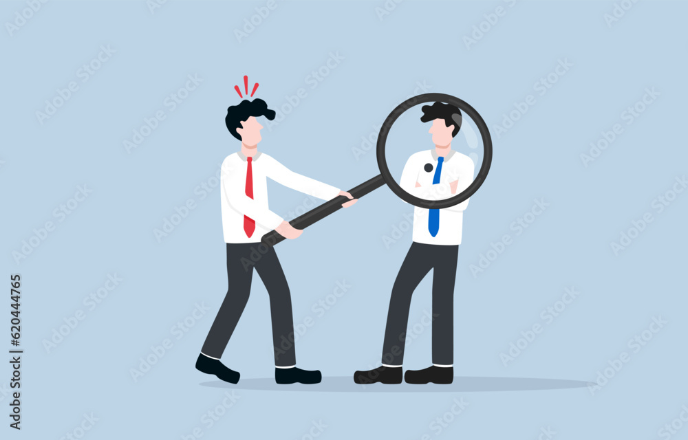 Fototapeta premium Analyzing competitor in marketing, understanding strength and weakness of competitor to develop effective strategy concept, Businessman seeing black spot on competitor body through magnifier.