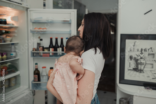 Woman looking into a fridge with a baby on hands