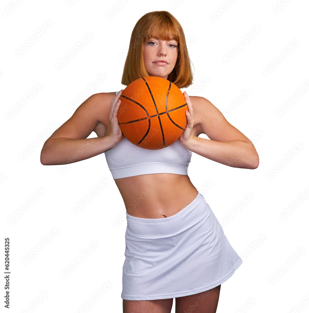 Basketball, woman in portrait for sports and fitness, training and professional player on transparent png background. Active, health and competition, female athlete in sportswear and exercise workout