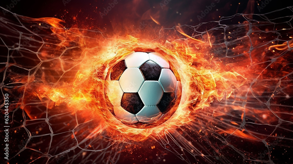 Fototapeta premium Fiery soccer ball in goal with net in flames. Generative AI