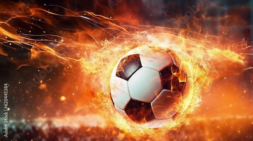 Fiery soccer ball in goal with net in flames. Generative AI © Aura