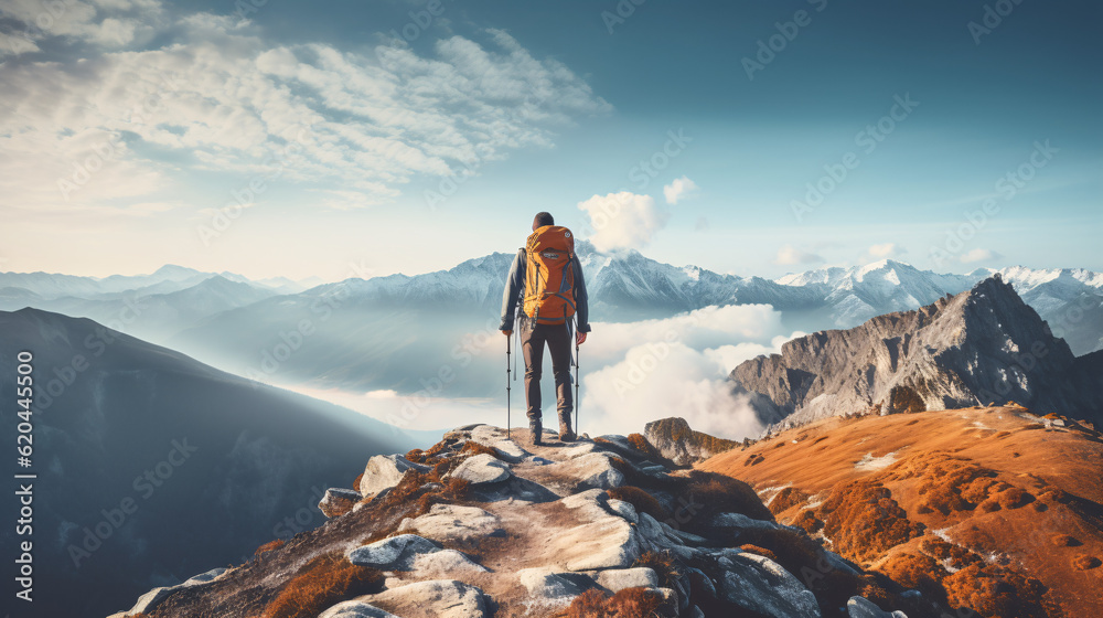 Freedom and Adventure: Landscape shot of someone hiking up a mountain. Adventure up the hills in a overwhelming surrounding.
Generative AI