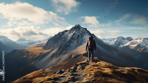 Freedom and Adventure: Landscape shot of someone hiking up a mountain. Adventure up the hills in a overwhelming surrounding. Generative AI