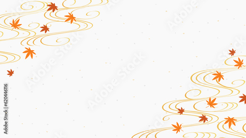 水の流れに舞う紅葉、和風背景